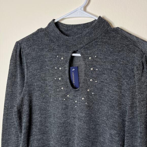 Adrienne Vittadini Sweater Small Rhinestone Keyhole Mock Neck Women's Gray NWT - Picture 3 of 8
